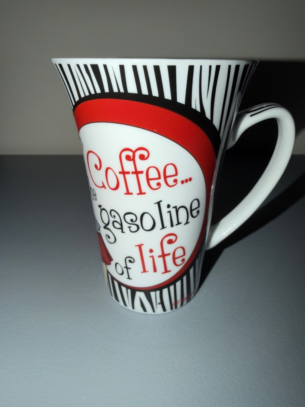 NWOT American Atelier White Mug with Red and Black Graphic Script